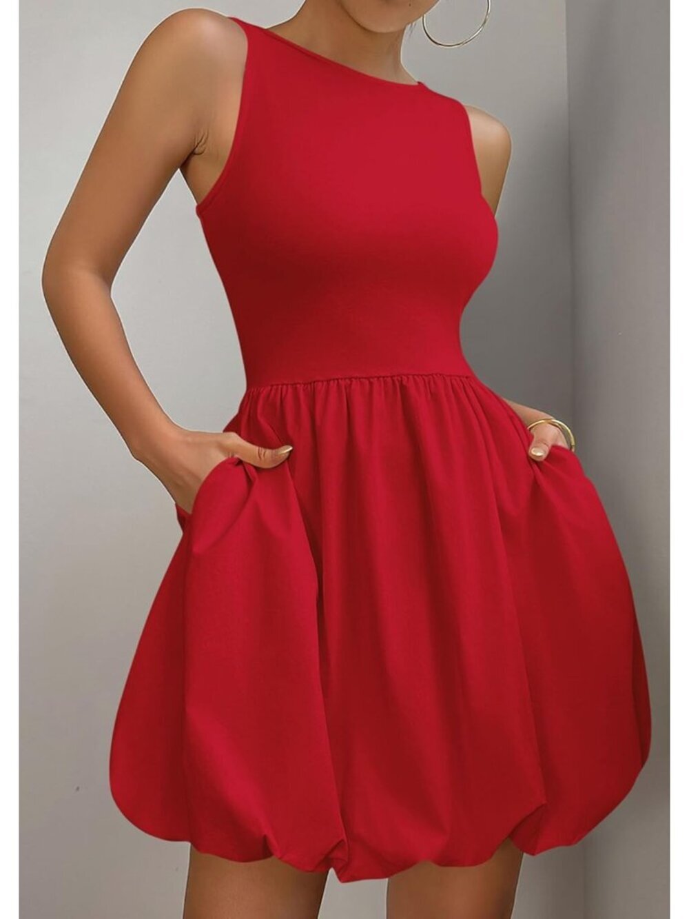 〽️Women's Red Casual Sleeveless Tank Crew Neck Short Cocktail Mini Dress - Picture 4 of 6